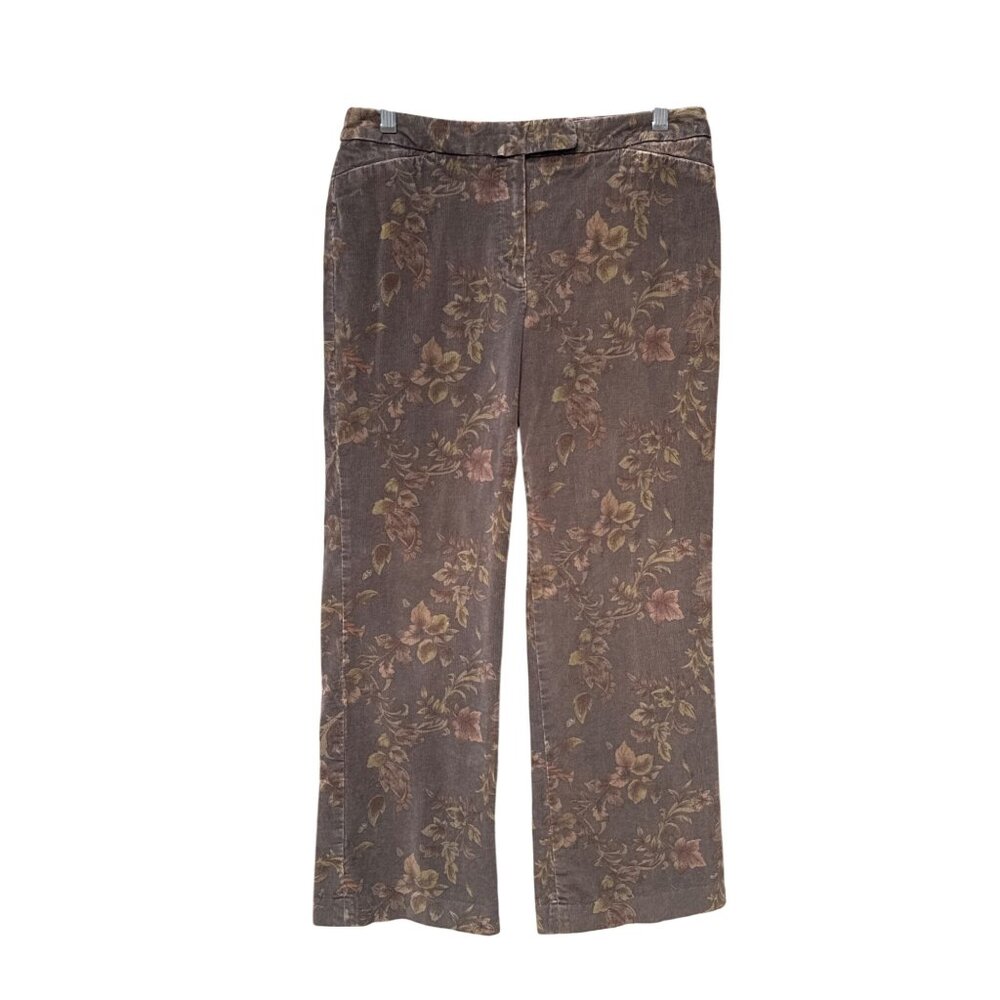 Y2K Stretch‎ Floral Corduroy Pants 6P Neutral Autumn Earth Tones Cotton Straight